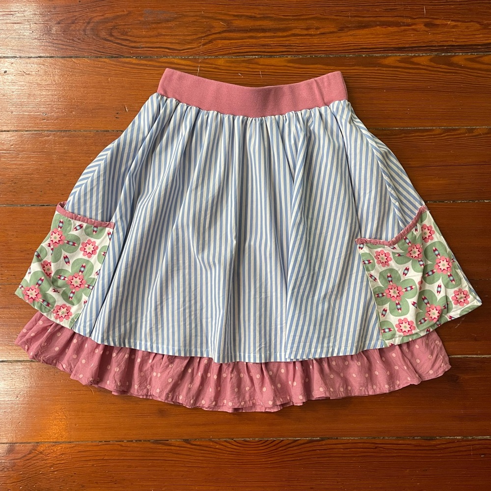 Matilda Jane Blue Stripe Skirt with Pink Ruffle & Floral Pockets